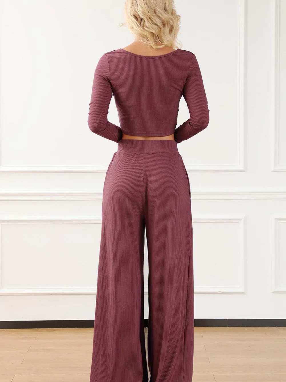 Autumnal Knit Two-Piece: Long Sleeve Top and Wide Leg Pants