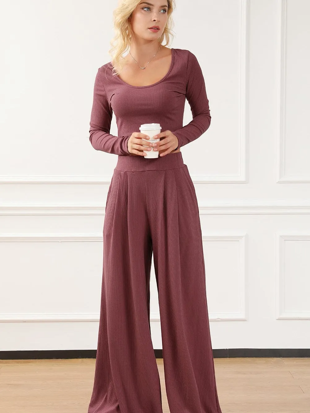 Autumnal Knit Two-Piece: Long Sleeve Top and Wide Leg Pants