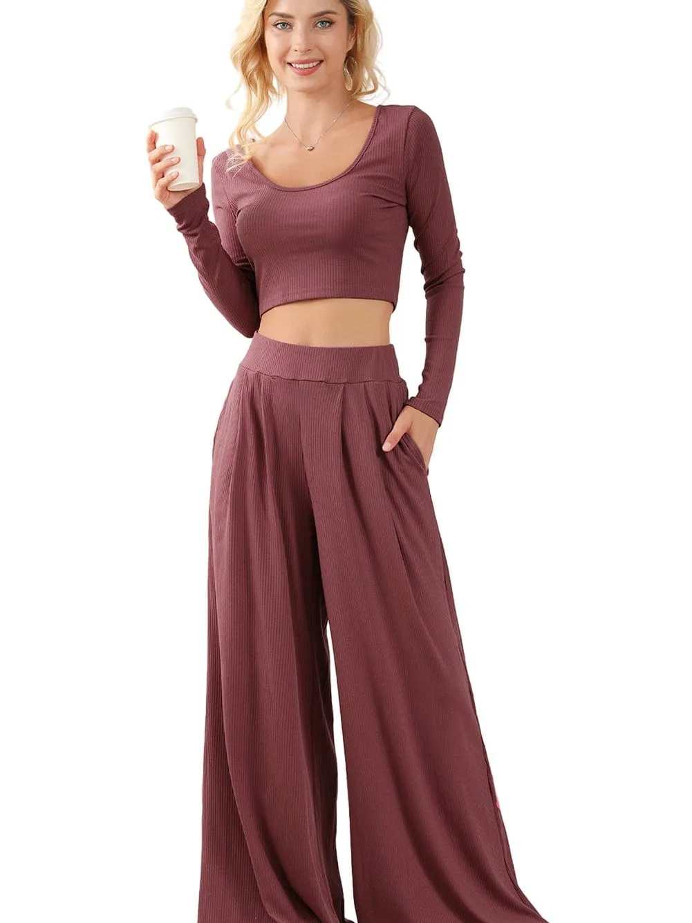 Autumnal Knit Two-Piece: Long Sleeve Top and Wide Leg Pants