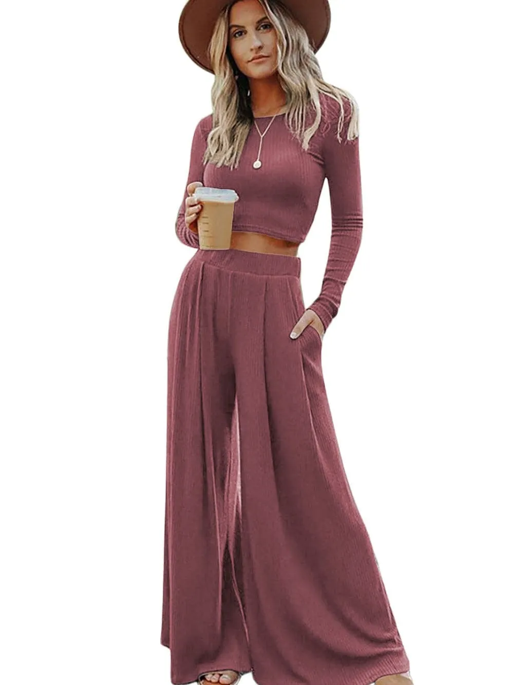 Autumnal Knit Two-Piece: Long Sleeve Top and Wide Leg Pants