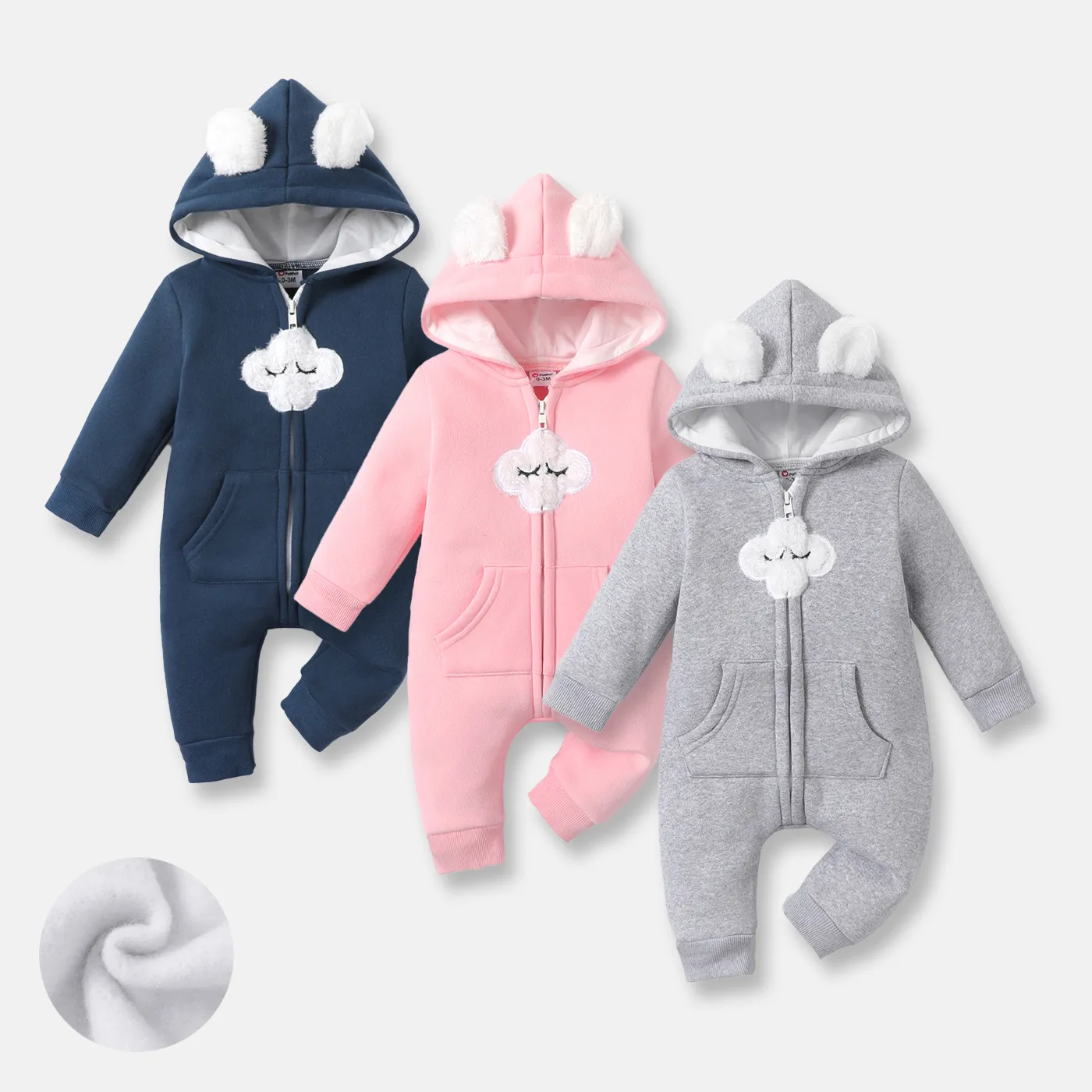 Baby Boy/Girl Cloud Design Thermal Fleece Lined Hooded Zipper Jumpsuit