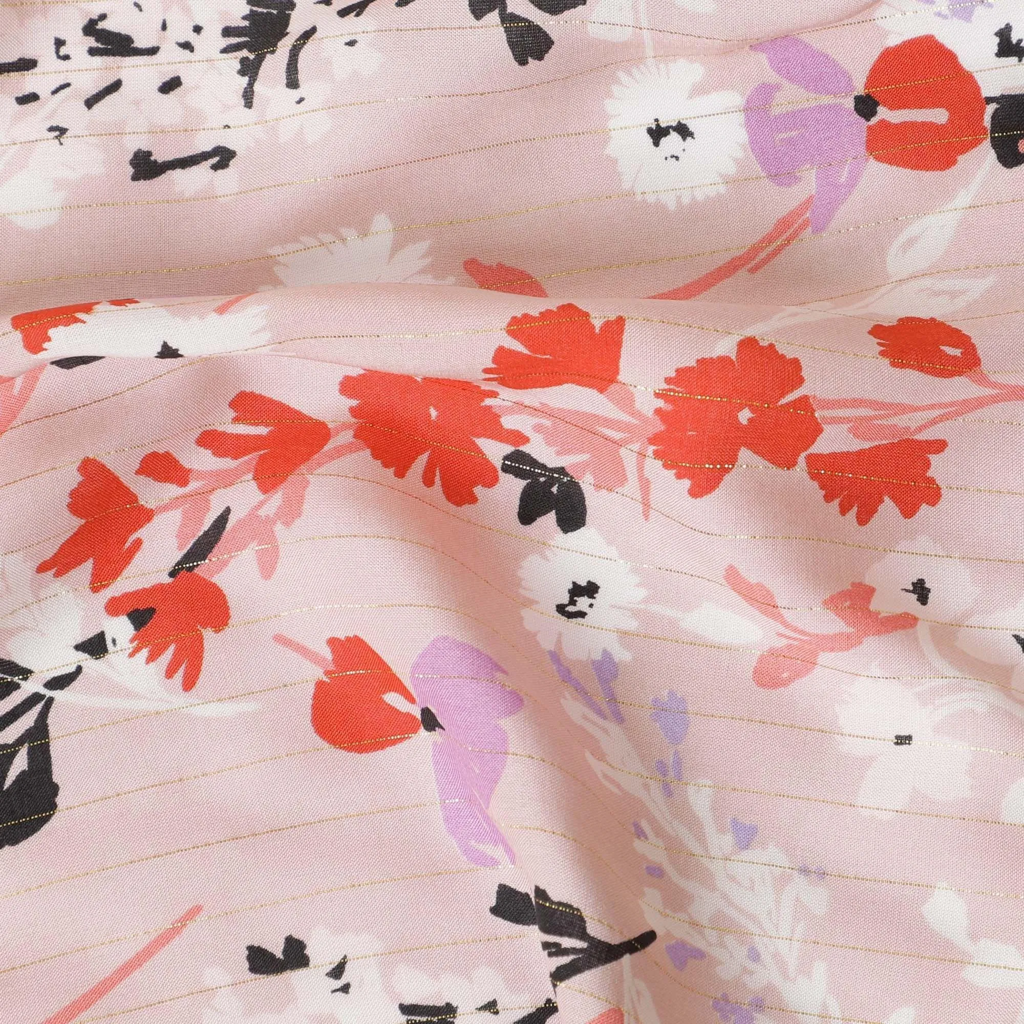 Baby pink viscose crepe printed fabric with multi colour prints and metallic lurex in floral design-D11166