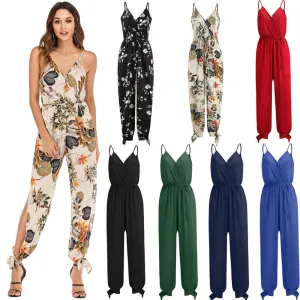 Backless Stakerope with Deep V-neck Suspendant Long Jumpsuits