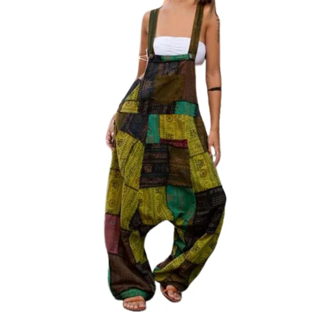 Backless Wide Leg Retro Print Dungarees Overalls