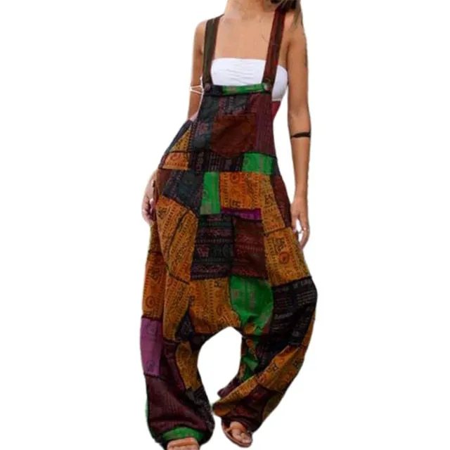 Backless Wide Leg Retro Print Dungarees Overalls