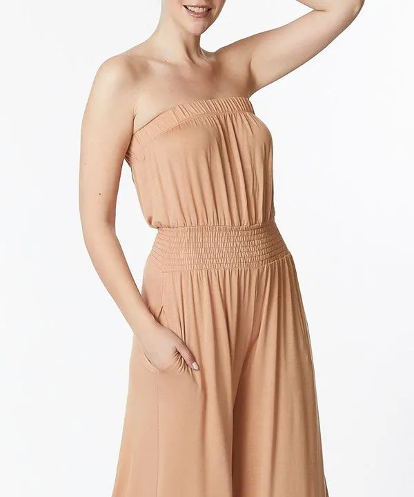 Bamboo Camel Strapless Knit Jumpsuit w/Pockets