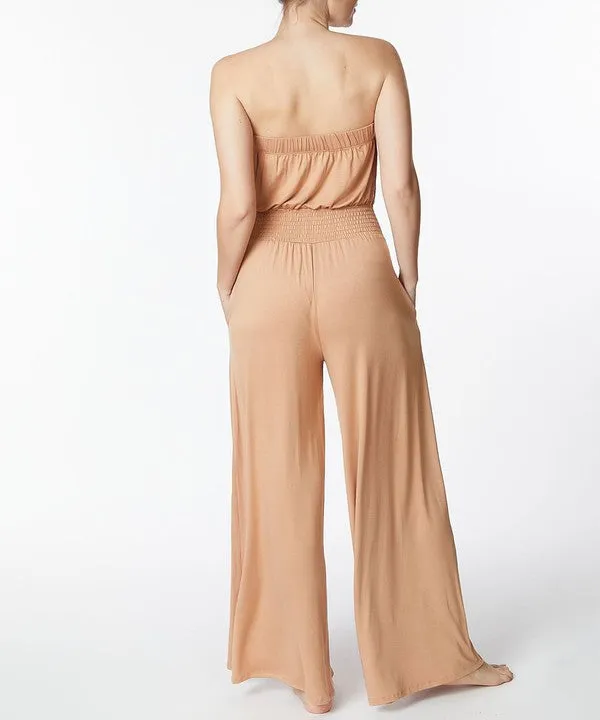 Bamboo Camel Strapless Knit Jumpsuit w/Pockets