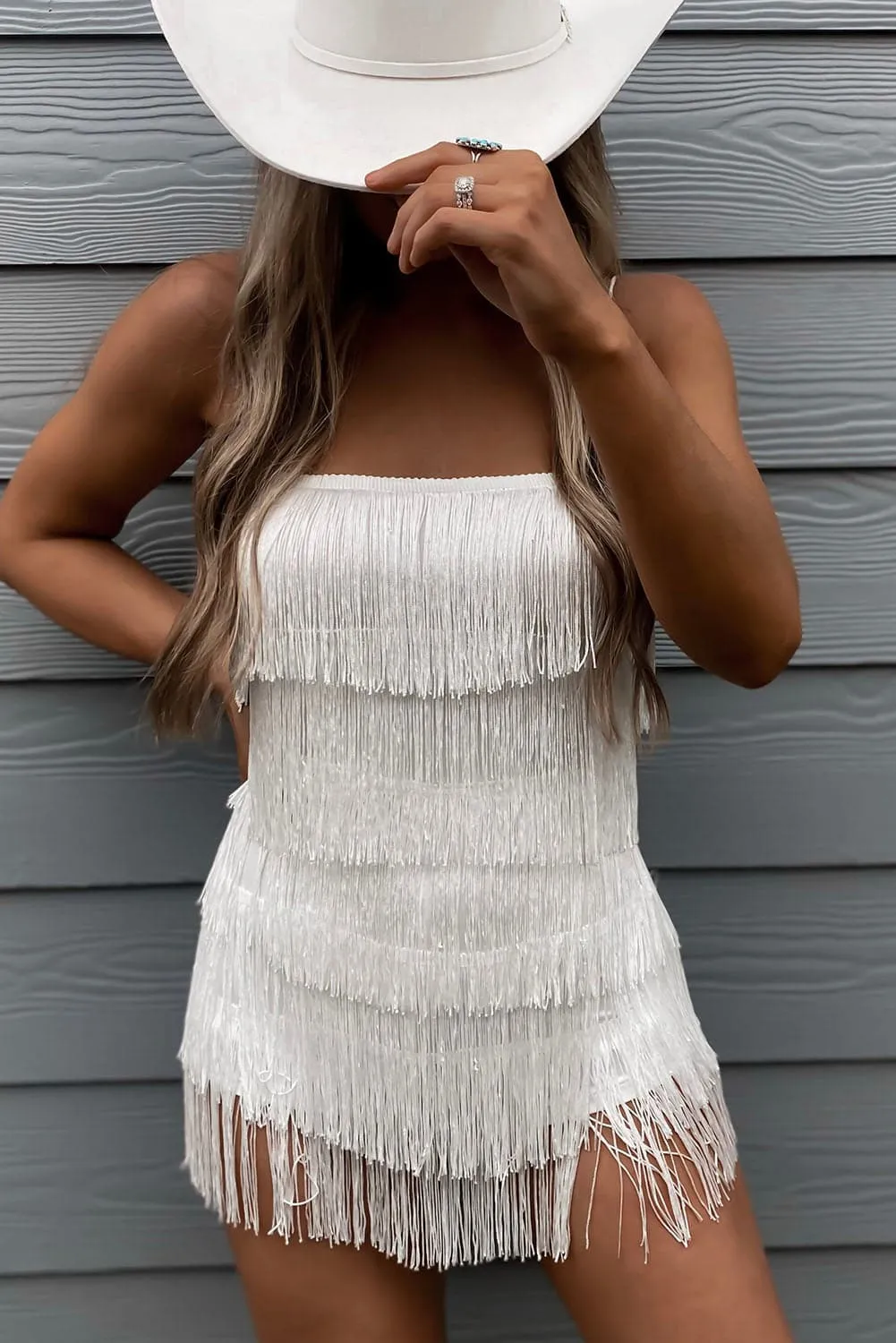 BB834 Layered Tassel Spaghetti Straps Romper