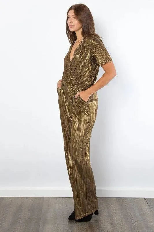 Be Stage Surplice Pleated Foil Jumpsuit