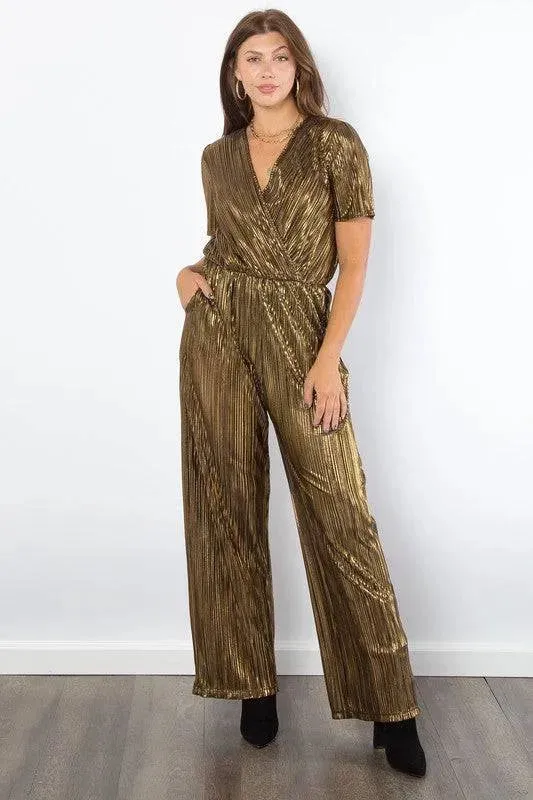 Be Stage Surplice Pleated Foil Jumpsuit