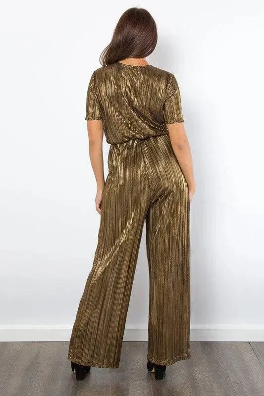 Be Stage Surplice Pleated Foil Jumpsuit