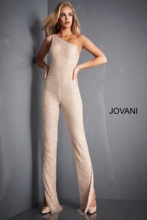 Beaded One Shoulder Illusion Jumpsuit by Jovani 3816