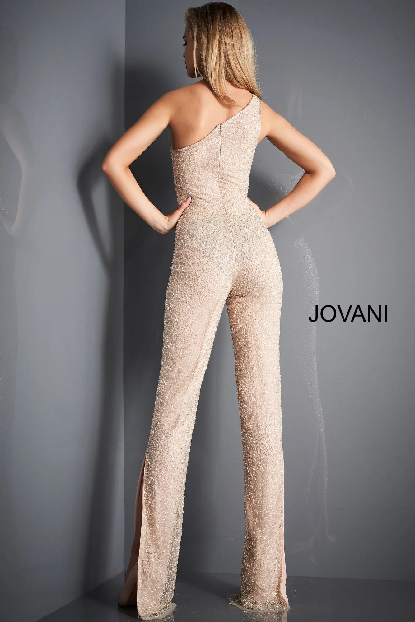 Beaded One Shoulder Illusion Jumpsuit by Jovani 3816