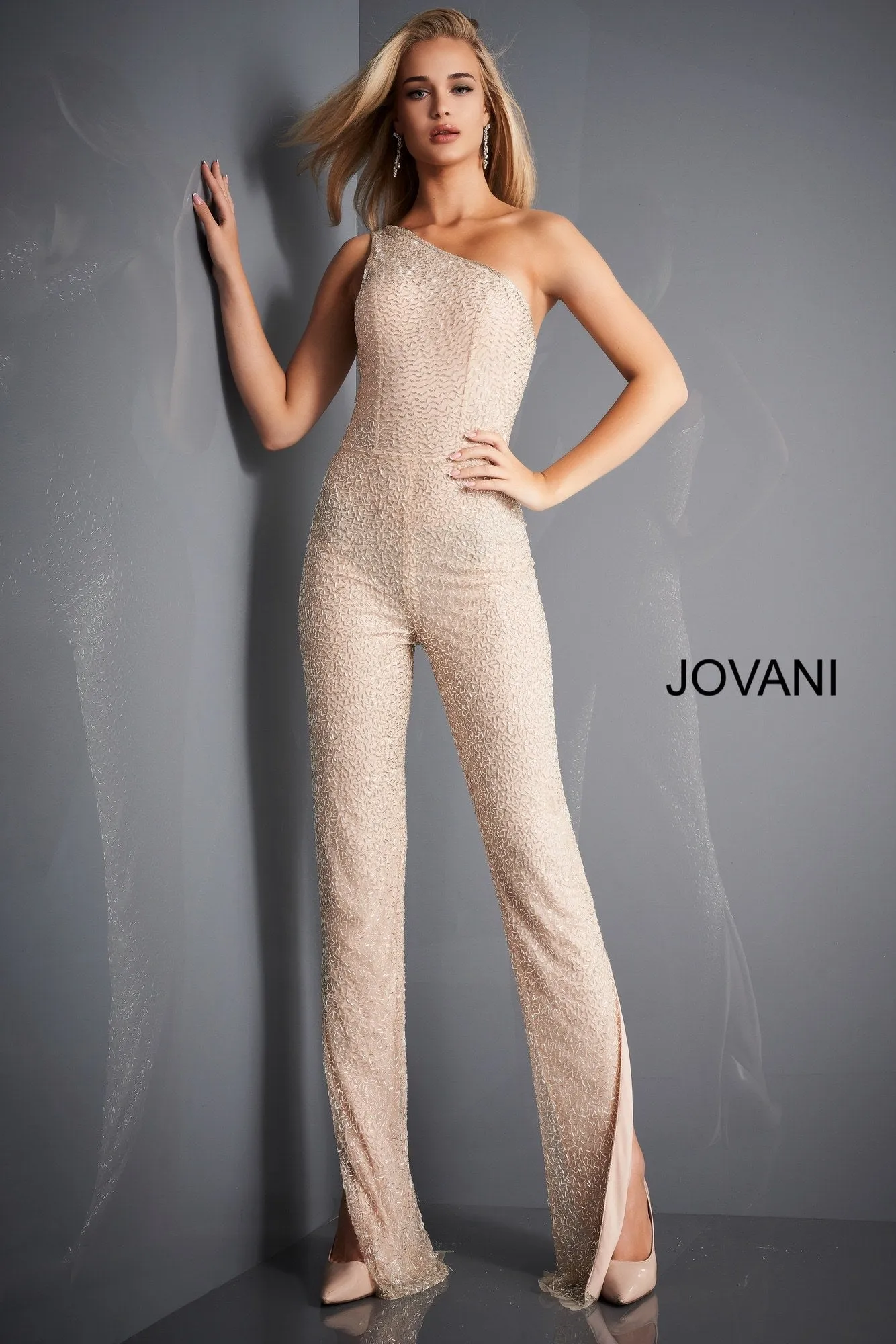 Beaded One Shoulder Illusion Jumpsuit by Jovani 3816