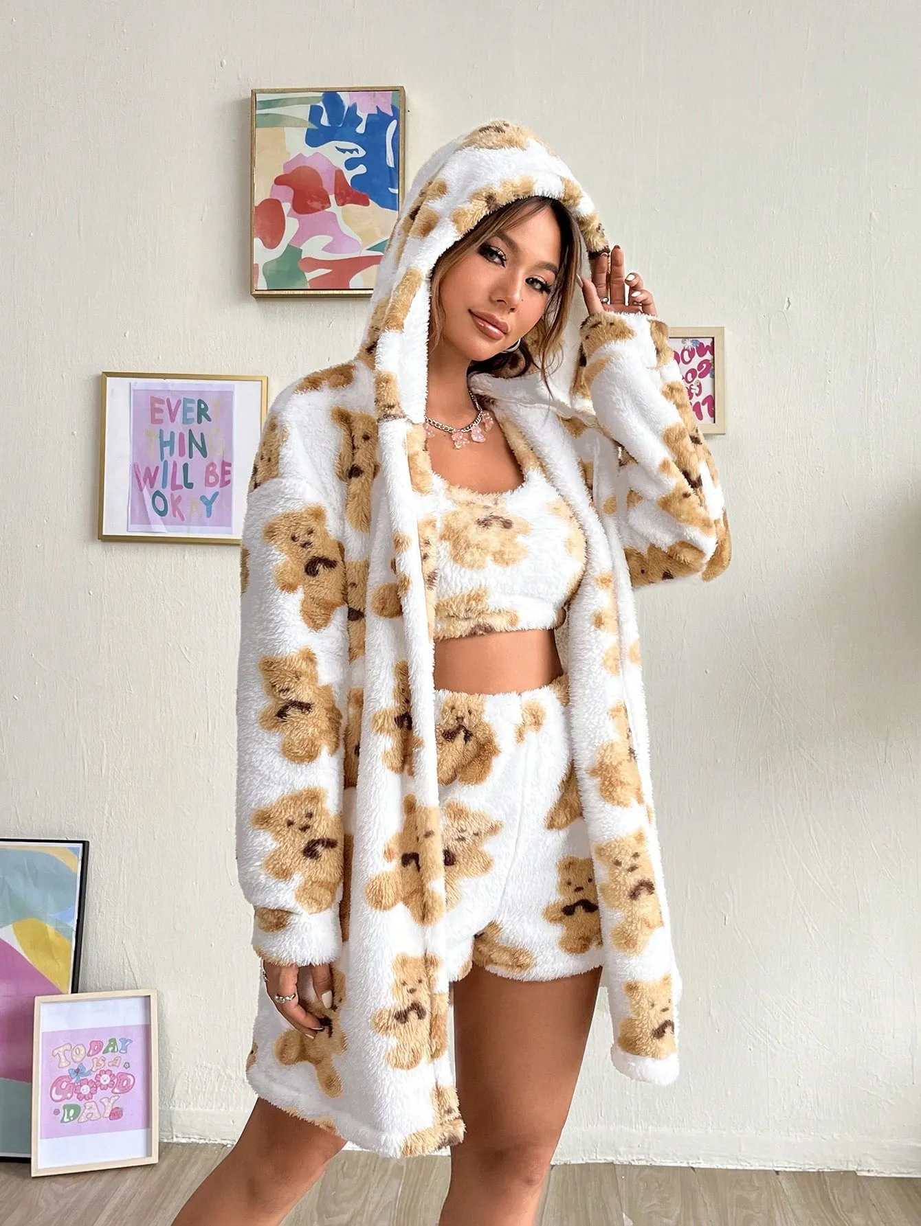 Bear Pattern Drop Shoulder Hooded Teddy Coat & Shorts FW23