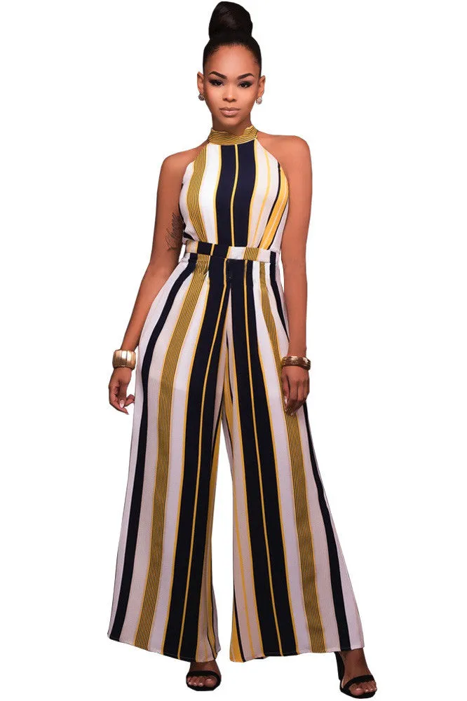 Bear Shoulder Striped High Neck Sleeveless Long Jumpsuit