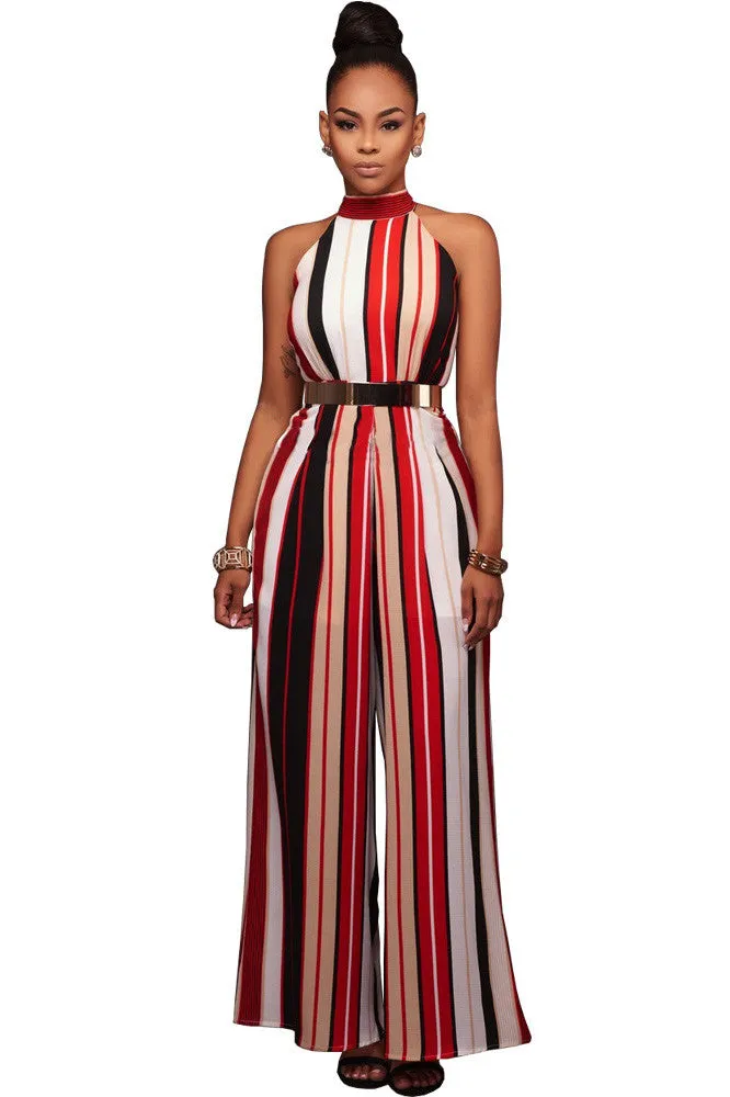 Bear Shoulder Striped High Neck Sleeveless Long Jumpsuit