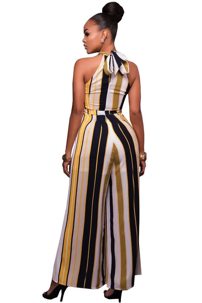 Bear Shoulder Striped High Neck Sleeveless Long Jumpsuit