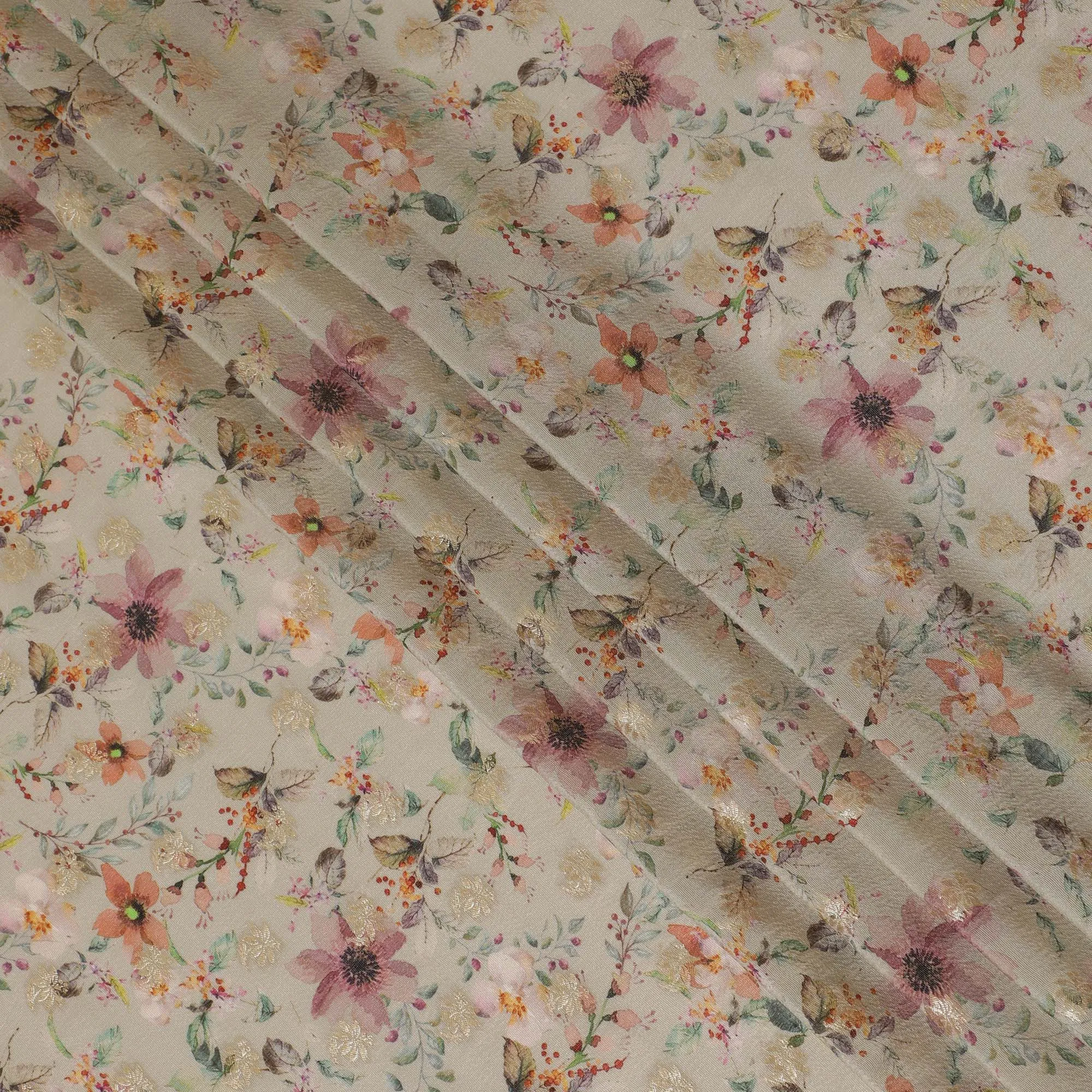 Beige & Peach Floral Viscose Digital Printed Fabric - Soft & Lightweight, 110 cm Width-D20263