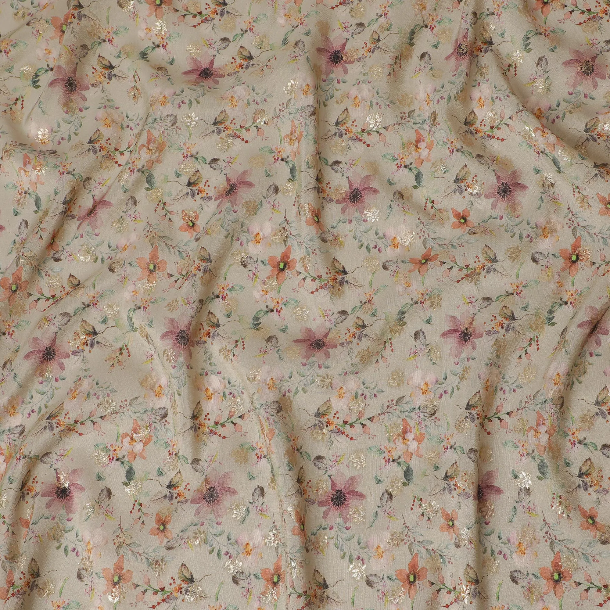 Beige & Peach Floral Viscose Digital Printed Fabric - Soft & Lightweight, 110 cm Width-D20263