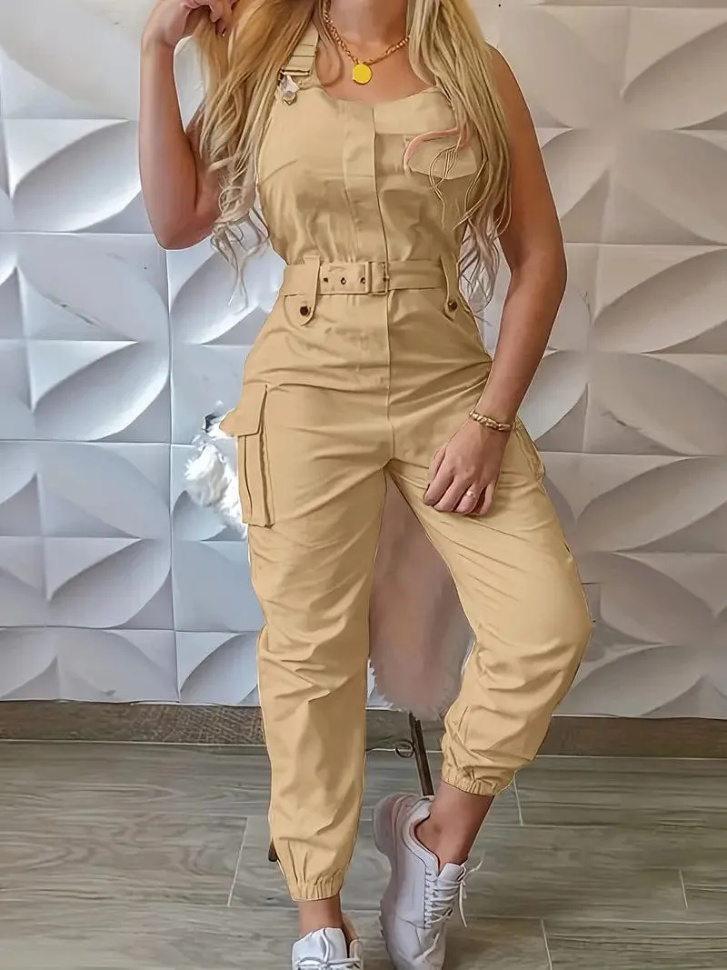 Belted Overall Jumpsuit with Flap Pockets for Women, Stylish Casual One-Piece Outfit for Spring & Summer