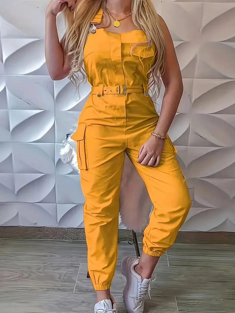 Belted Overall Jumpsuit with Flap Pockets for Women, Stylish Casual One-Piece Outfit for Spring & Summer