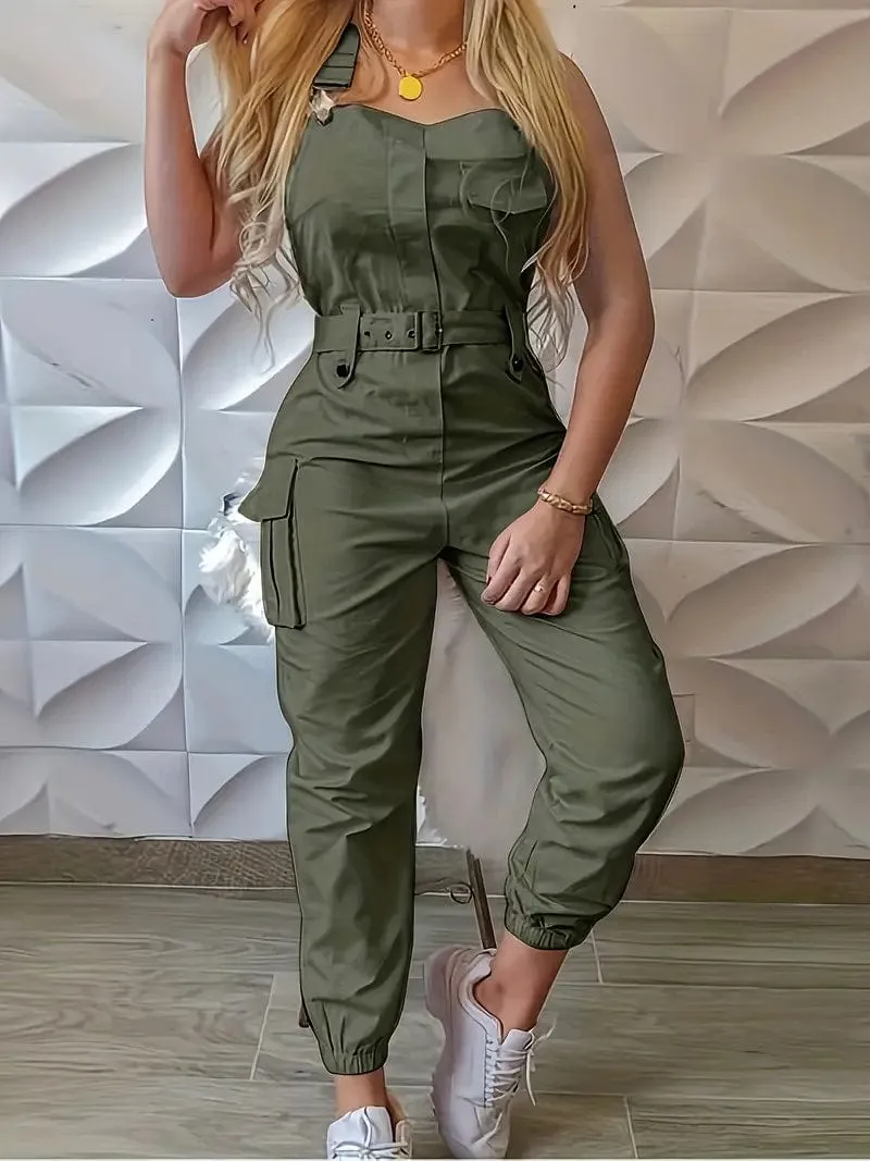 Belted Overall Jumpsuit with Flap Pockets for Women, Stylish Casual One-Piece Outfit for Spring & Summer