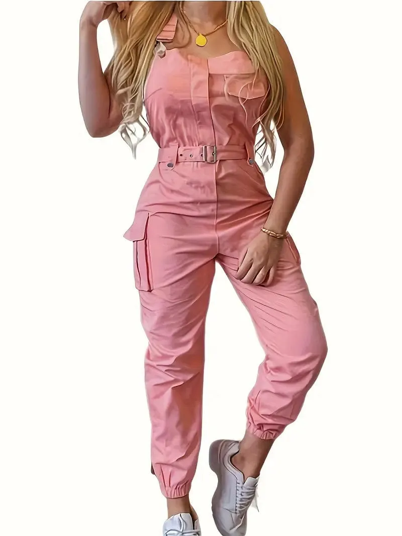 Belted Overall Jumpsuit with Flap Pockets for Women, Stylish Casual One-Piece Outfit for Spring & Summer