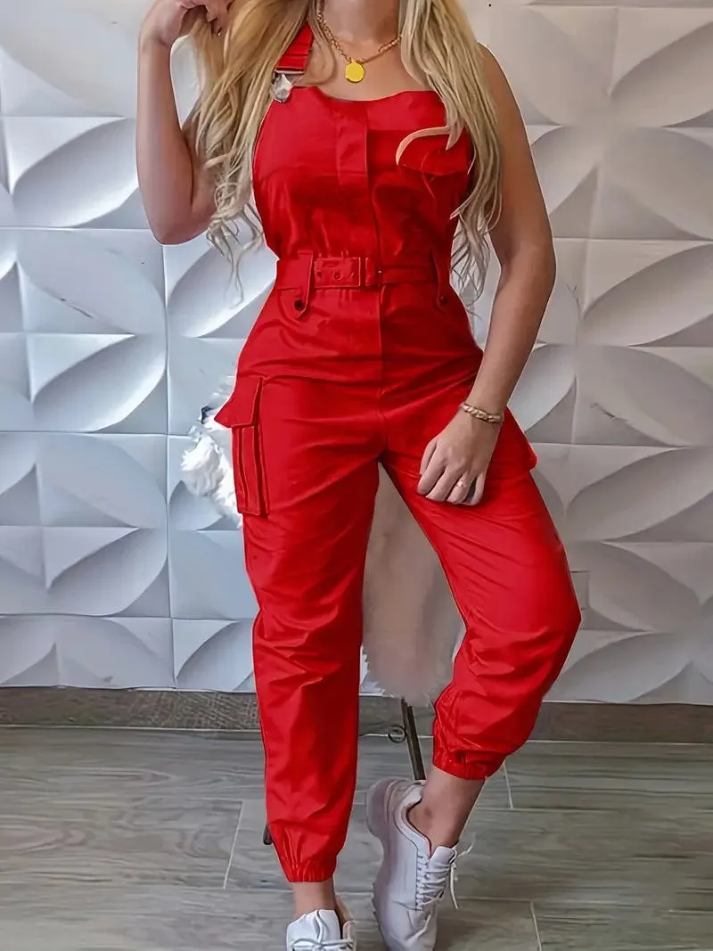 Belted Overall Jumpsuit with Flap Pockets for Women, Stylish Casual One-Piece Outfit for Spring & Summer