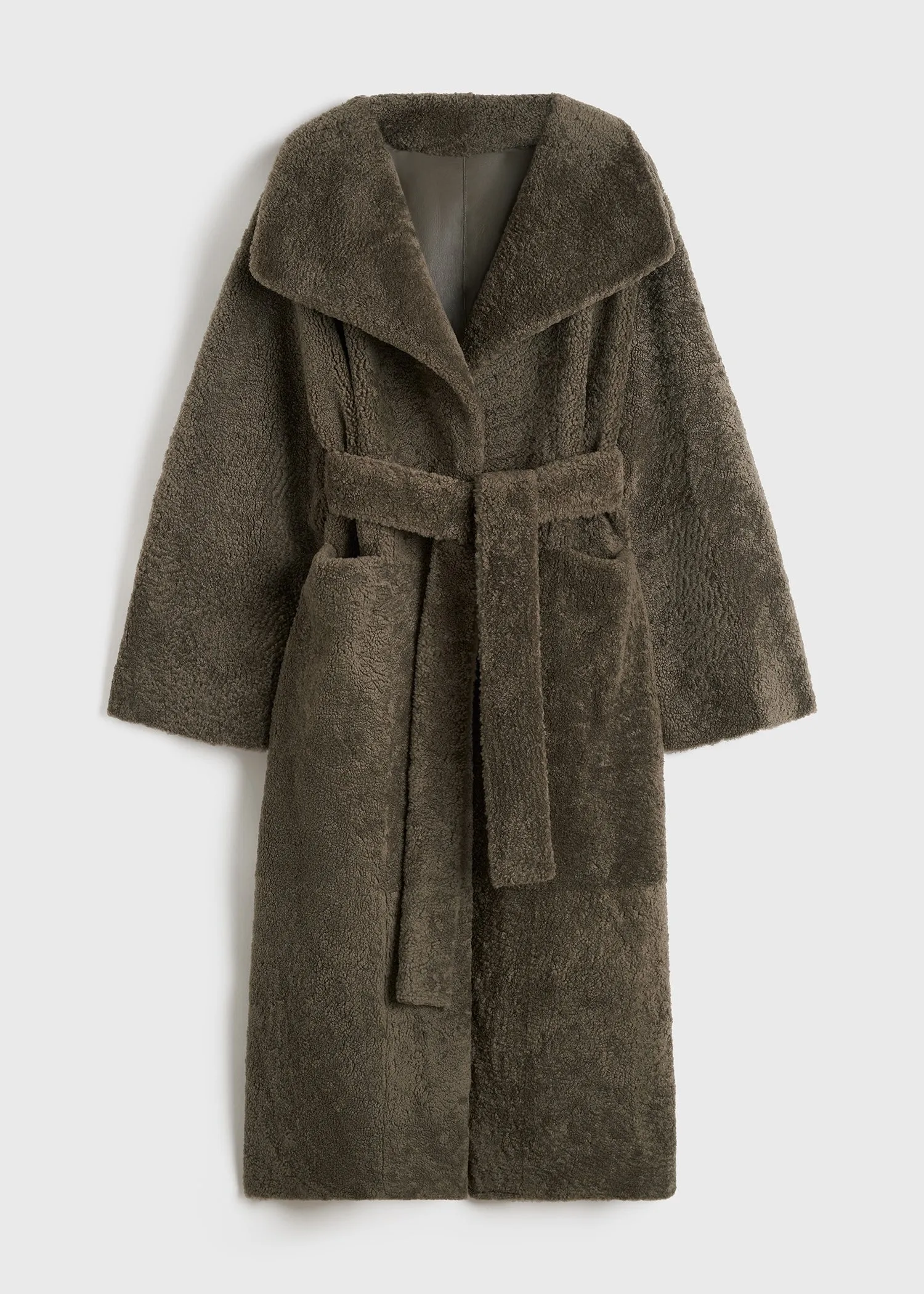 Belted teddy shearling coat cement green