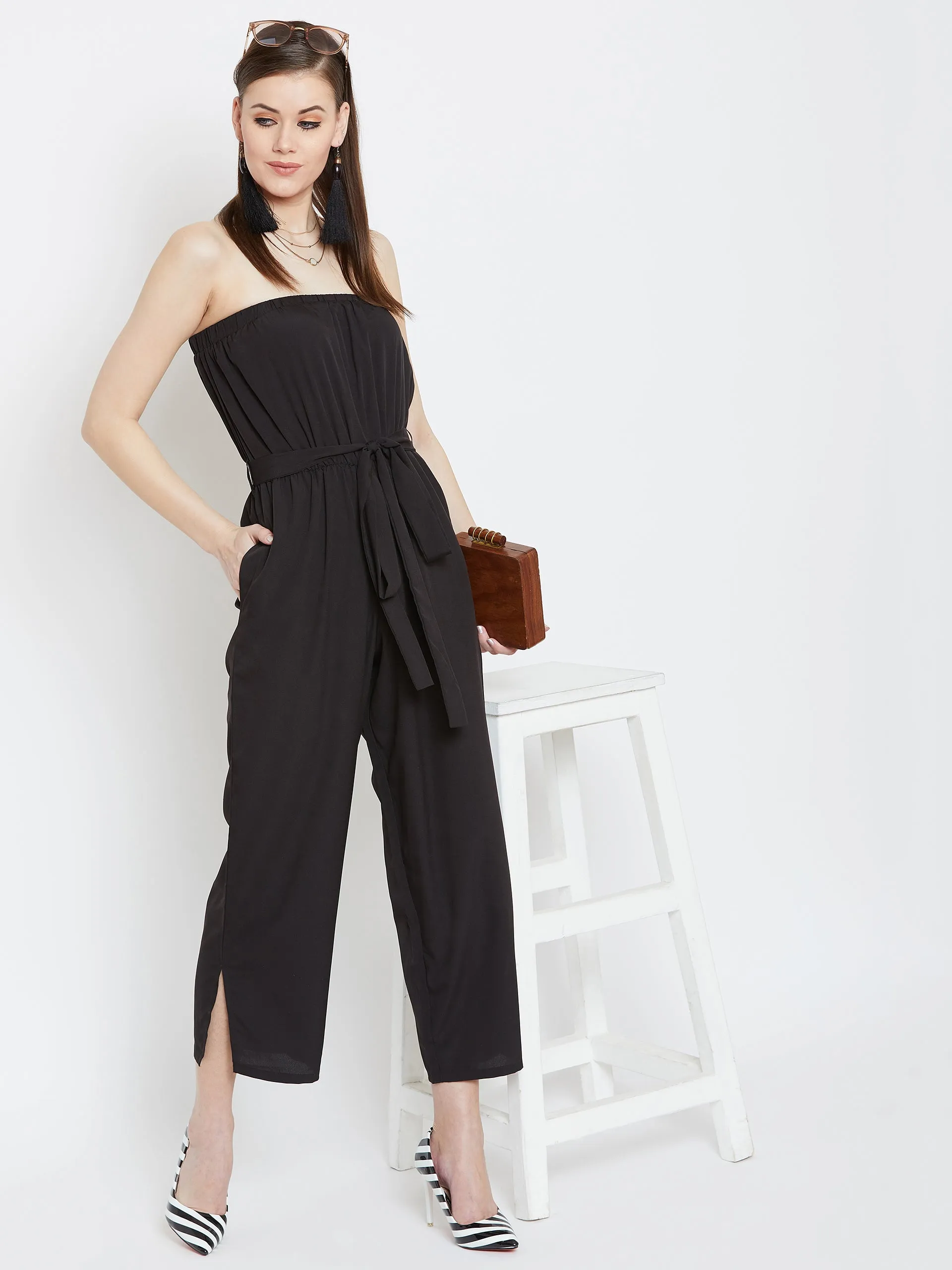 Berrylush Women Solid Black Off-Shoulder Waist Tie-Up Slited Jumpsuit