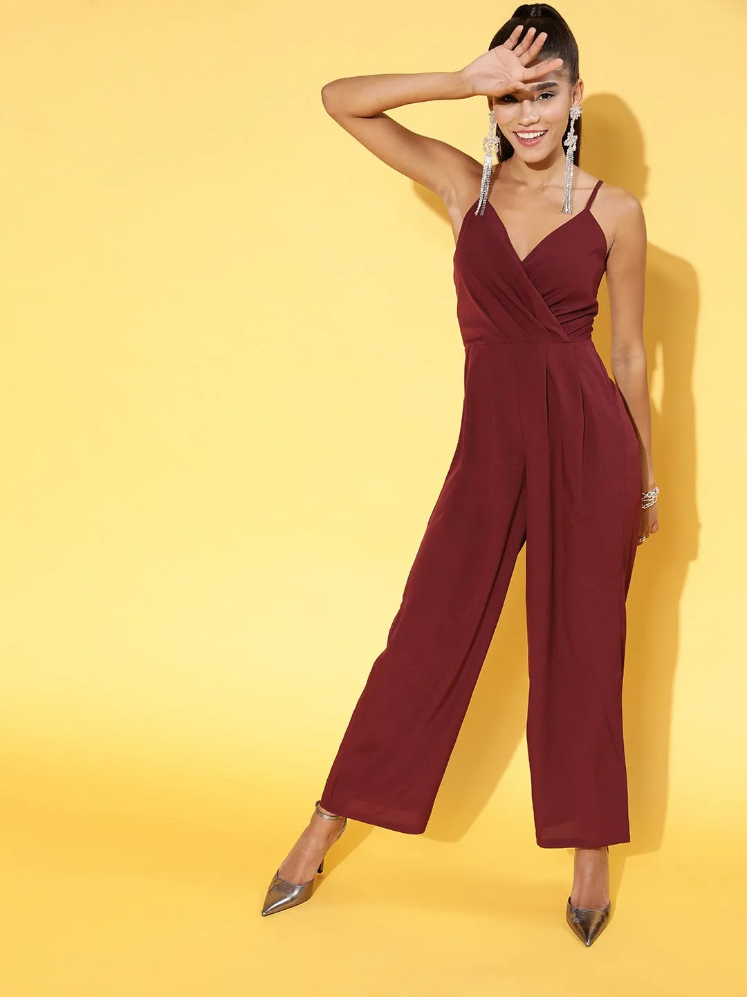 Berrylush Women Solid Maroon V-Neck Sleeveless Gathered Wrap Basic Jumpsuit