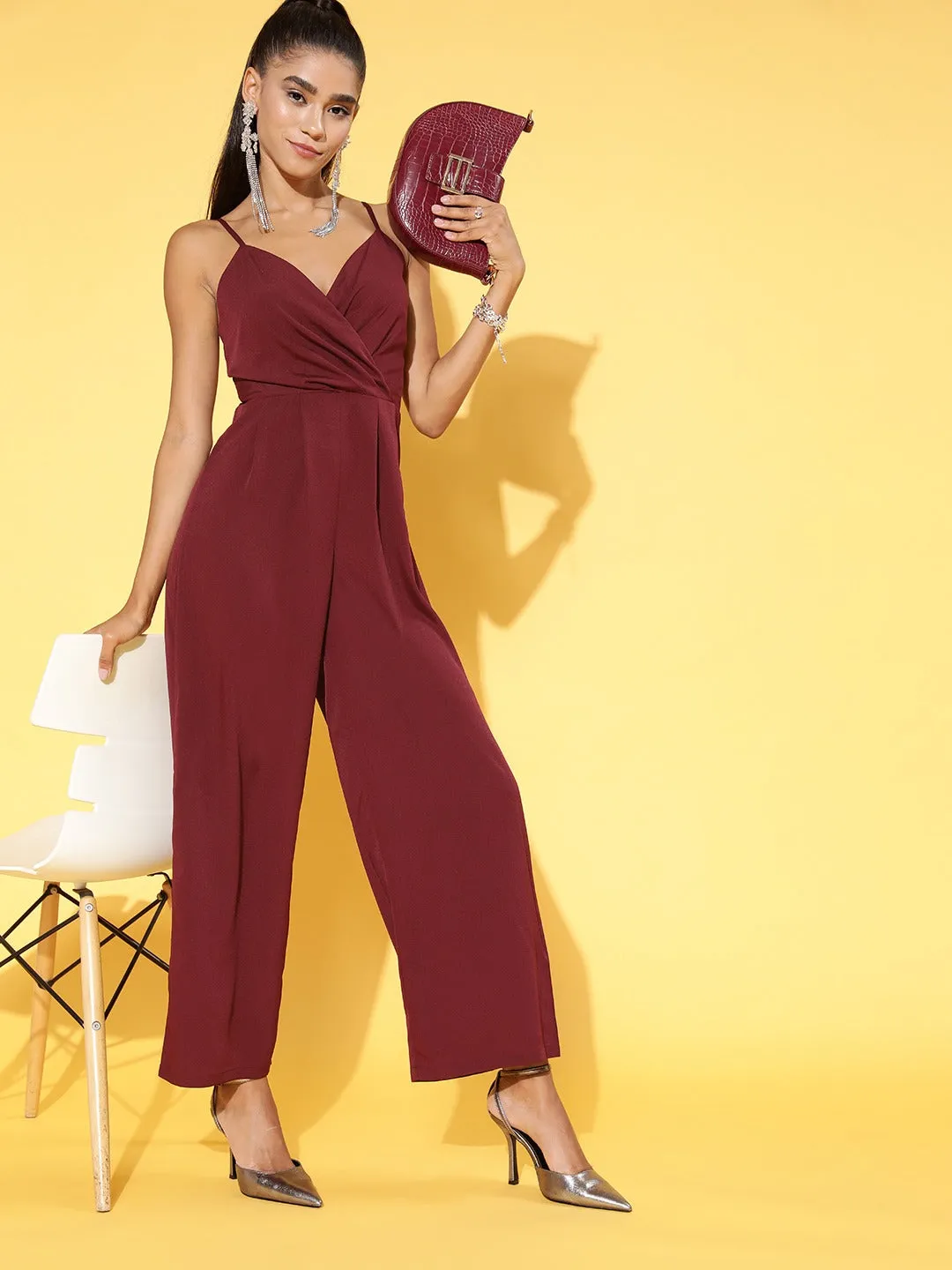 Berrylush Women Solid Maroon V-Neck Sleeveless Gathered Wrap Basic Jumpsuit