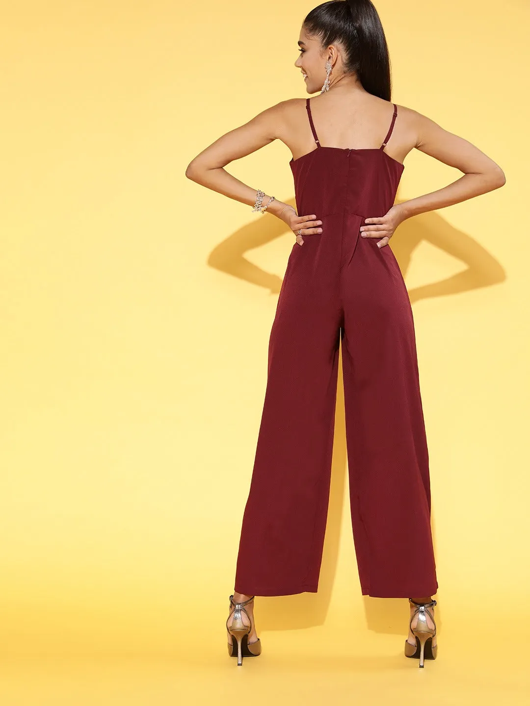 Berrylush Women Solid Maroon V-Neck Sleeveless Gathered Wrap Basic Jumpsuit