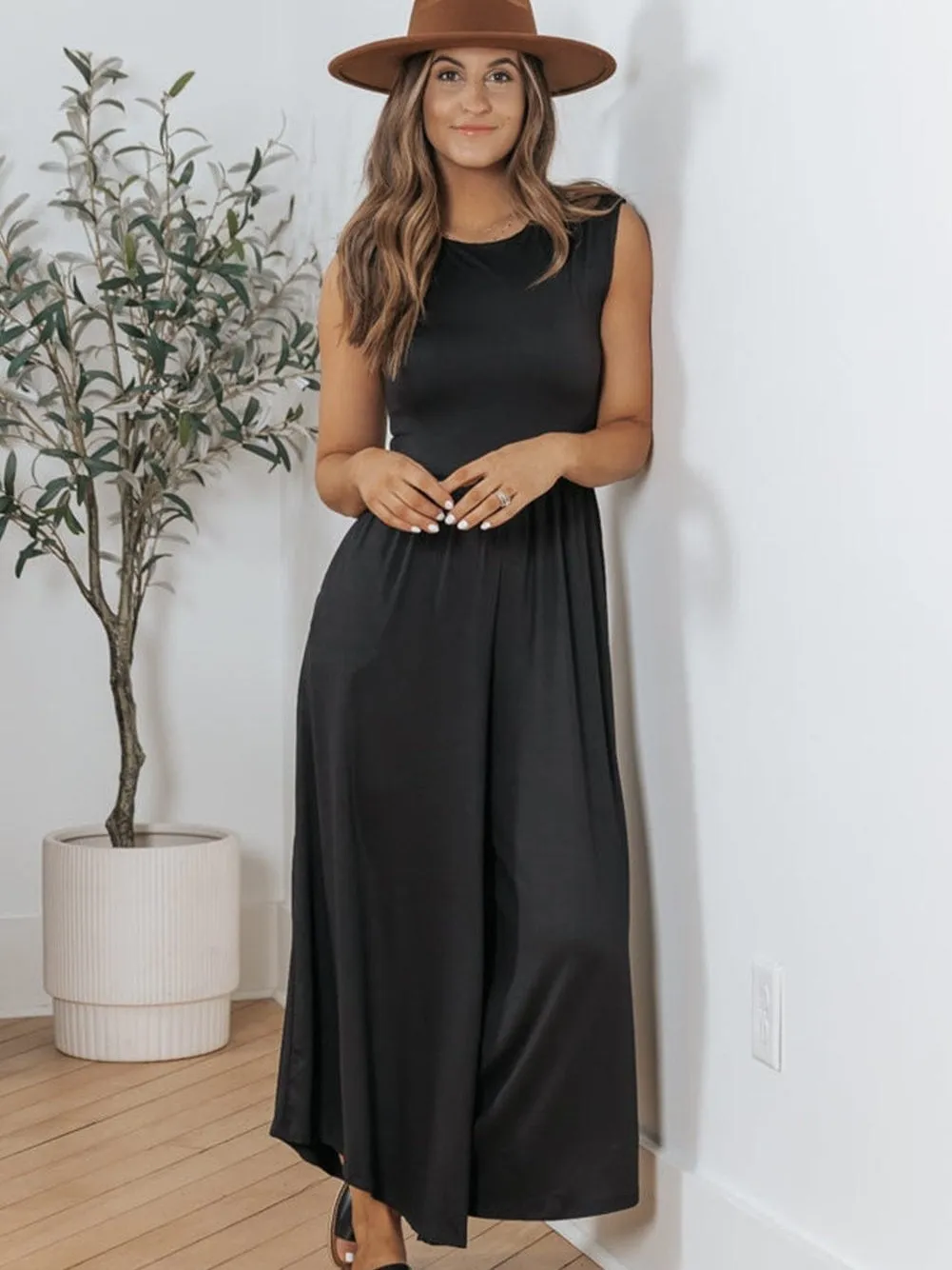 Black Backless Wide Leg Jumpsuit for Women