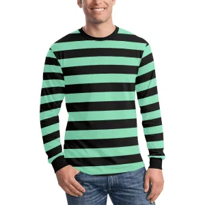 Black Green Men Long Sleeve Striped TShirt, Graphic Vintage Retro Broad Stripes Crewneck Unisex Women Designer Tee