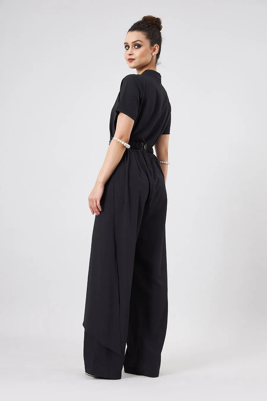 Black Layered Jumpsuit With Embellished Belt