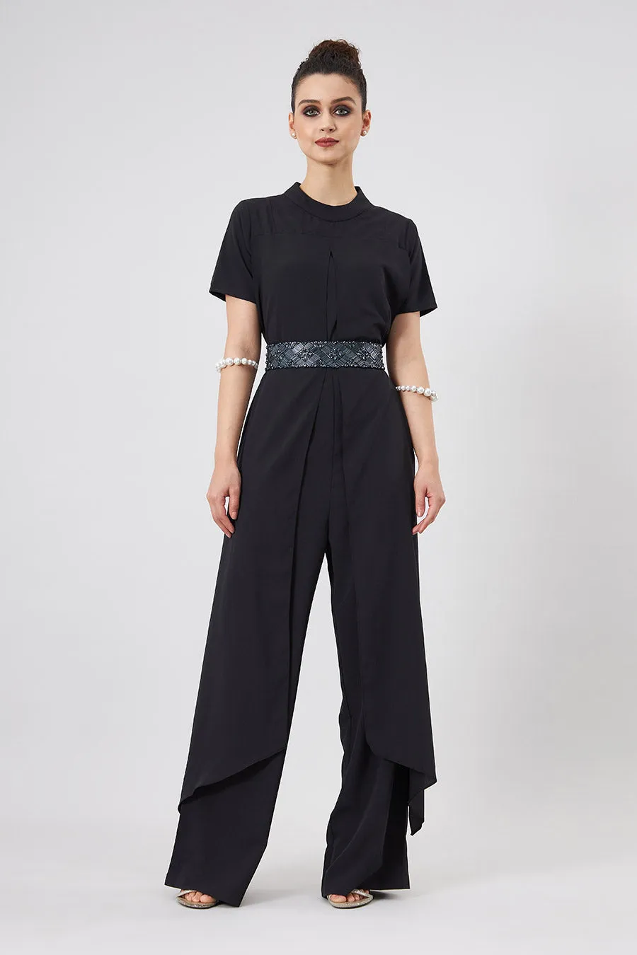 Black Layered Jumpsuit With Embellished Belt