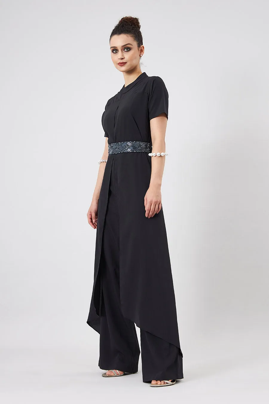 Black Layered Jumpsuit With Embellished Belt