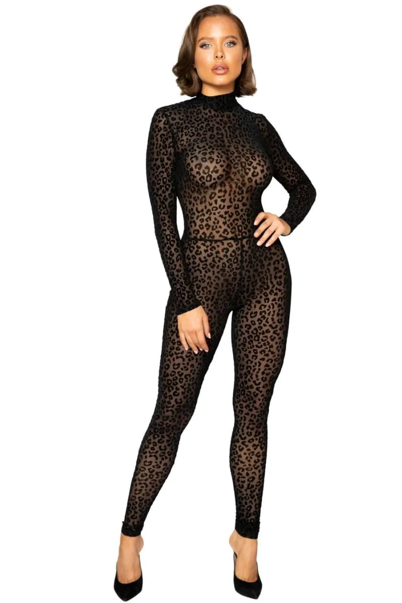 Black Long Sleeve Leopard Print See Through Jumpsuit