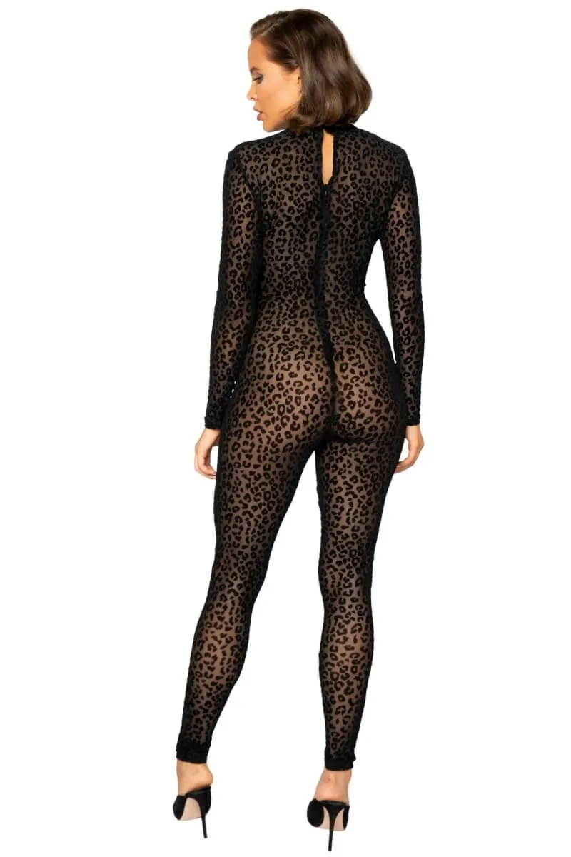 Black Long Sleeve Leopard Print See Through Jumpsuit