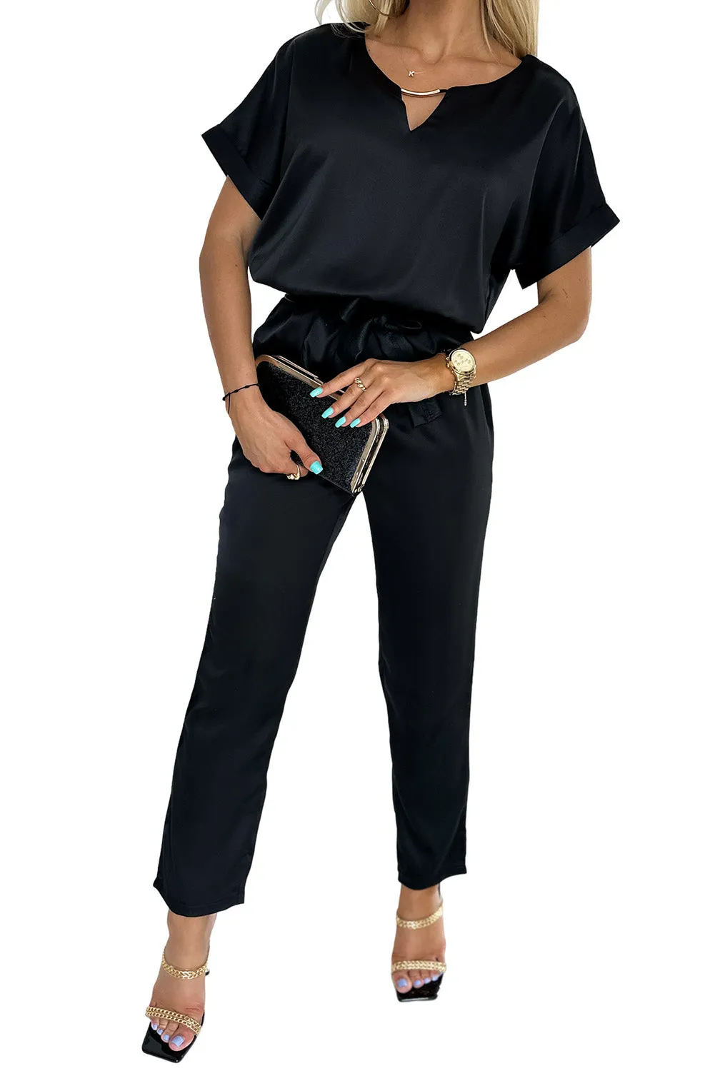 Black Metallic Neck Decor Belted High Waist Jumpsuit