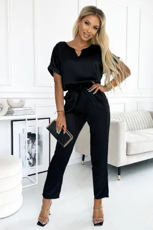 Black Metallic Neck Decor Belted High Waist Jumpsuit