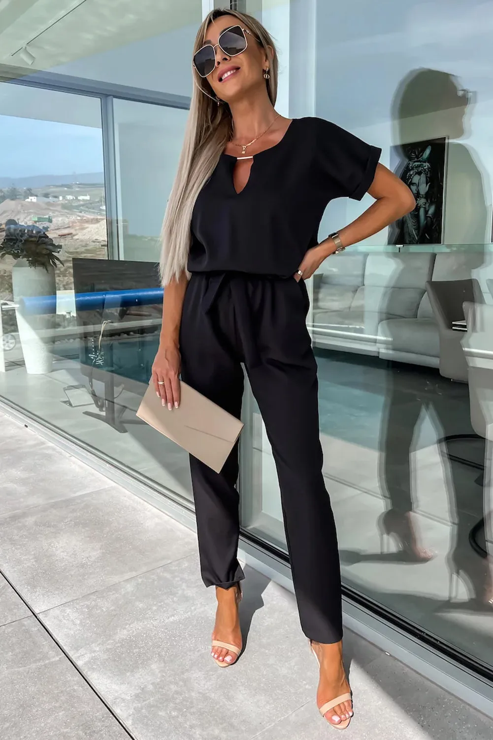 Black Metallic Neck Decor Belted High Waist Jumpsuit