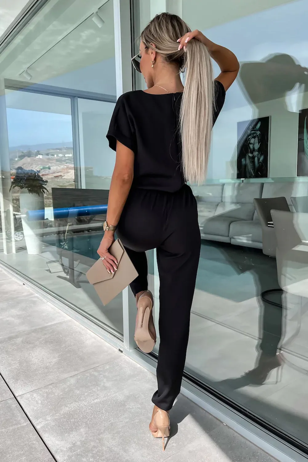 Black Metallic Neck Decor Belted High Waist Jumpsuit