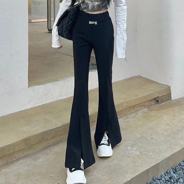 Black Micro Flared Pants High Waist Slit Trousers