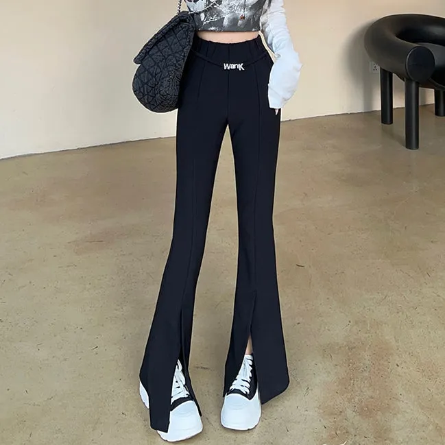 Black Micro Flared Pants High Waist Slit Trousers