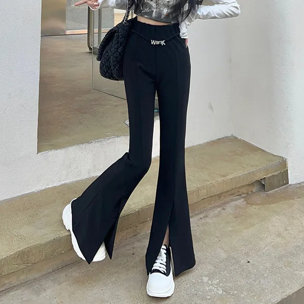 Black Micro Flared Pants High Waist Slit Trousers