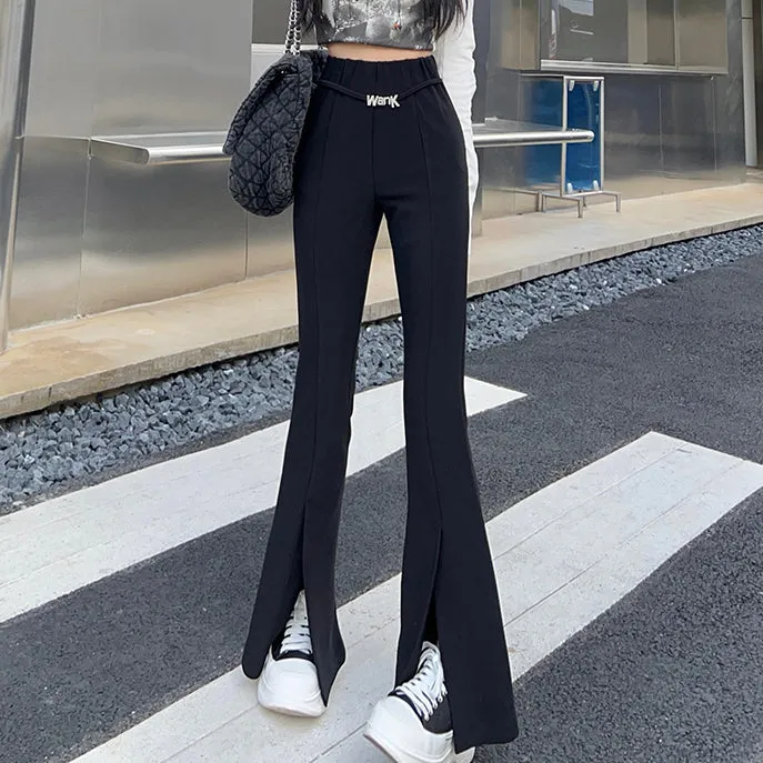 Black Micro Flared Pants High Waist Slit Trousers