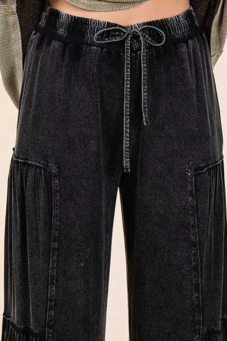 Black Mineral Wash Tiered  Boho Wide Leg Pants